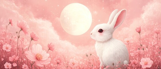 A whimsical illustration of a white rabbit hopping through a field of pink flowers under a glowing full moon.