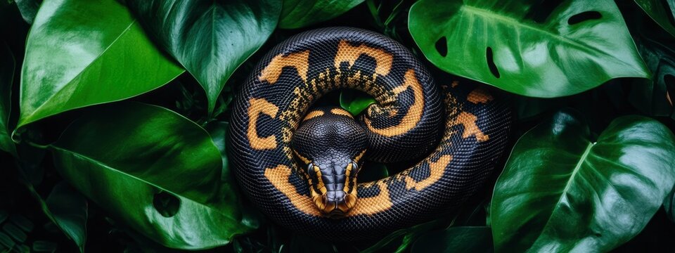 A striking close-up of a black and yellow python resting majestically on a bed of lush green monstera leaves in a tropical setting