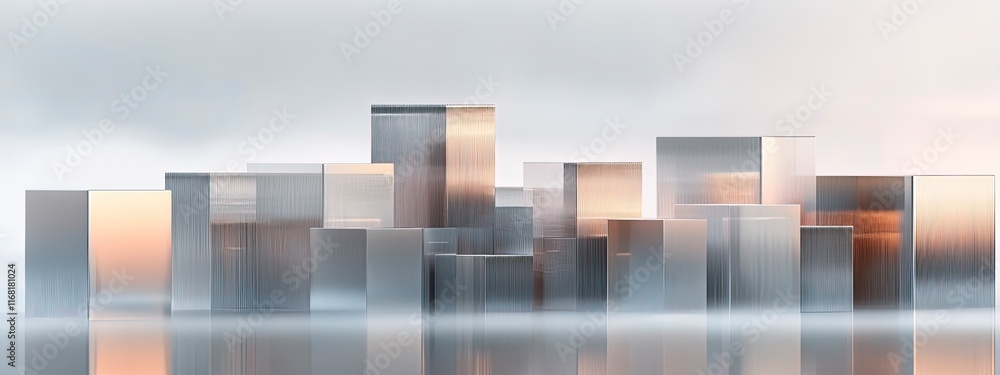 Poster a futuristic cityscape reflected in calm water with metallic structures under soft atmospheric light