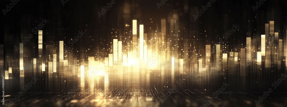 Poster abstract data visualization with glowing golden bars representing digital growth and innovation in t