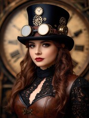 A captivating portrait of a woman with a steampunk aesthetic, wearing a top hat and goggles, with intricate clockwork details.