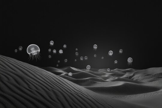 Ethereal jellyfish float above a dark, undulating desert landscape under a starless night.