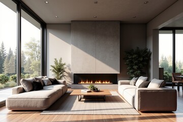Fototapeta premium Modern Living Room with Floor-to-Ceiling Windows, Cozy Fireplace, and Neutral Tones - Perfect for Relaxation and Entertaining.