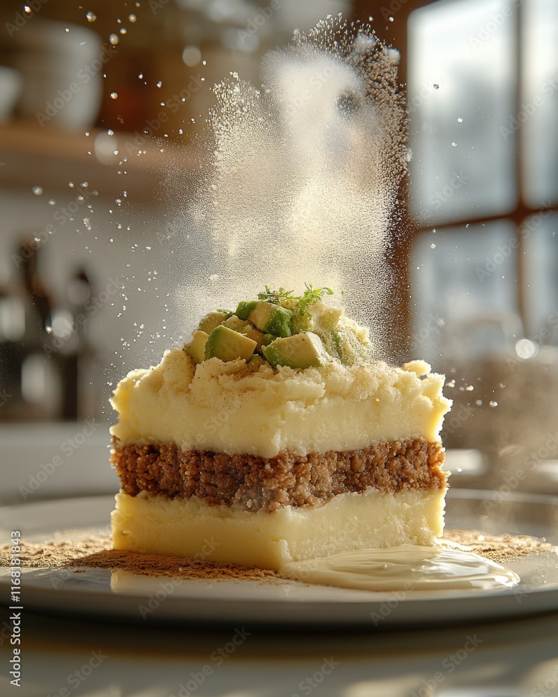 Poster delicious layered mashed potato cake with avocado and a dusting of spice, presented on a white plate