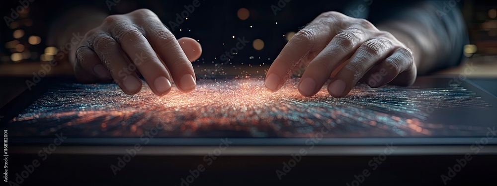 Poster futuristic technology concept with hands interacting with a glowing, data-rich digital interface dis