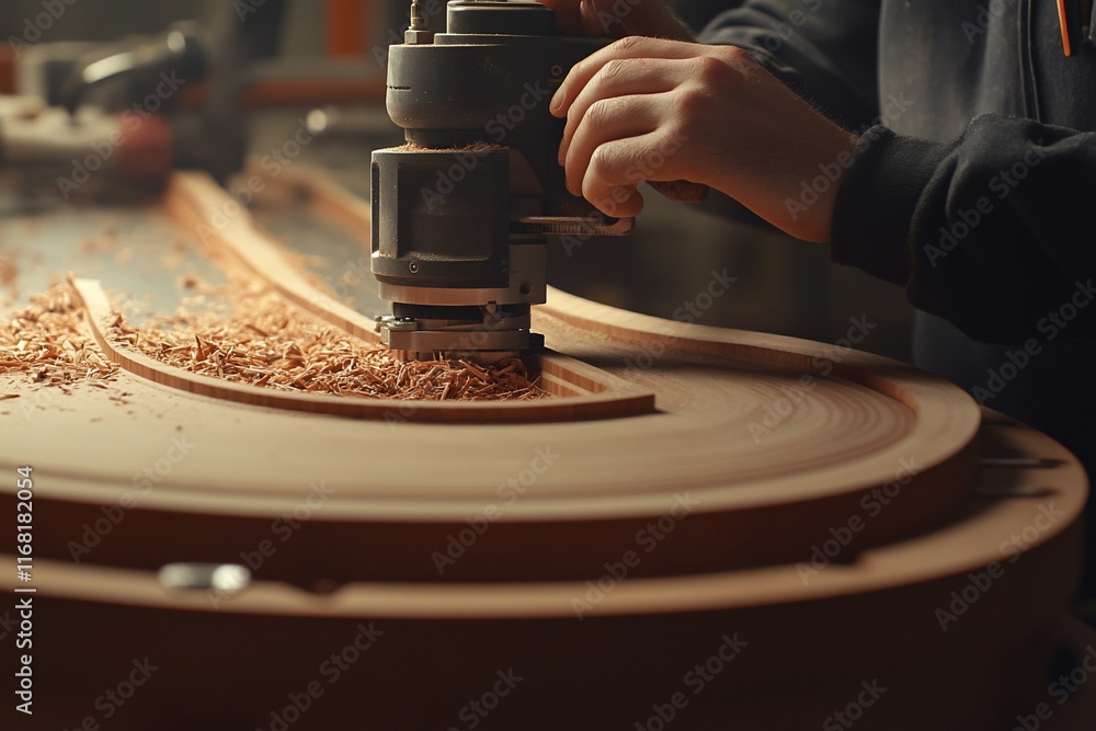 Poster close-up of hands using a router to carve a wooden surface, creating detailed design.