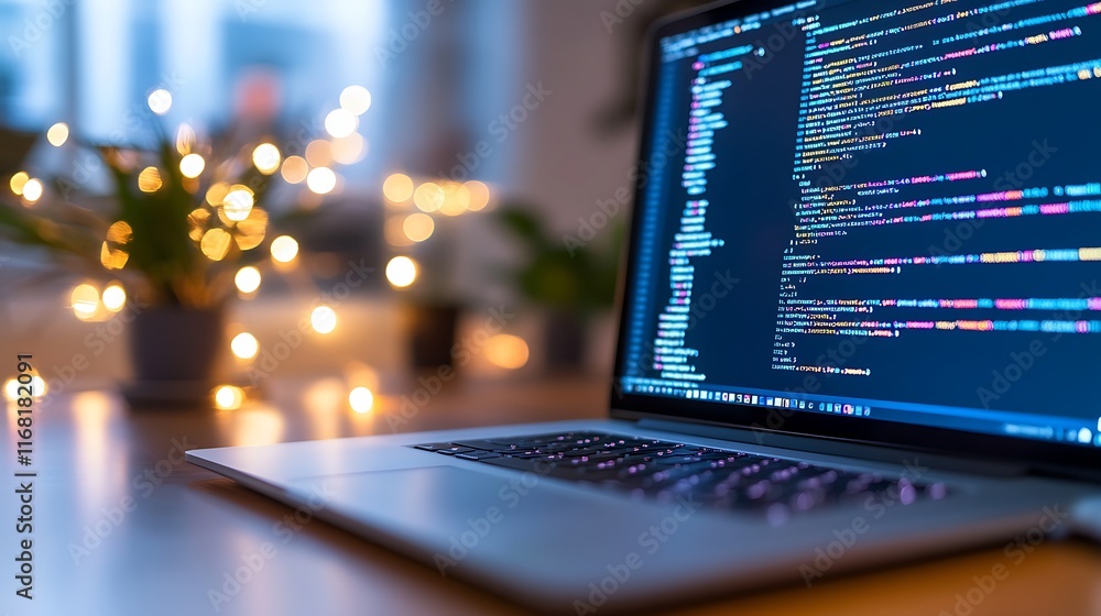 Poster laptop displaying code on a desk with fairy lights.