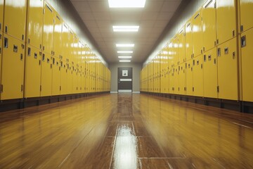 Empty school hallway with yellow lockers and wooden floor.