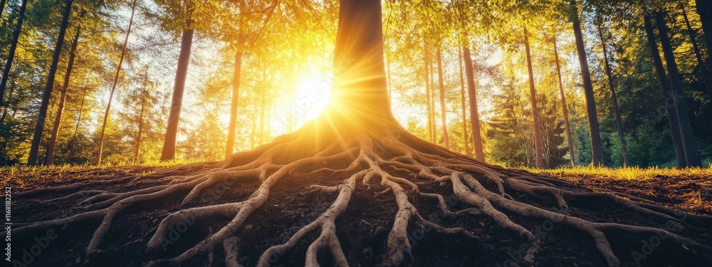 Poster a magnificent tree with sprawling roots illuminated by the golden rays of the sun in a serene forest