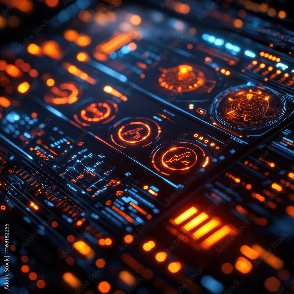 Poster futuristic data visualization dashboard with neon blue and orange colors featuring graphs charts sta