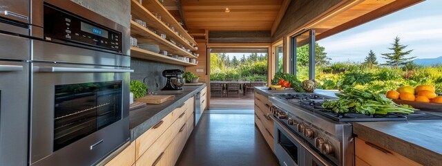 Fototapeta premium Modern kitchen with large windows overlooking a lush, green landscape, showcasing contemporary appliances and fresh produce