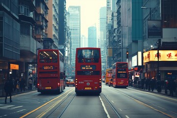 Red double-decker buses on a city street.