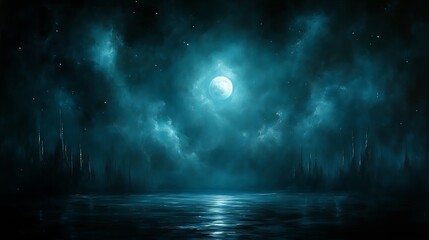 Fototapeta premium Nocturnal Seascape: Serene Moonlit Night with Silhouetted City