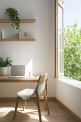 Fototapeta premium Cozy workspace with natural light and greenery in a modern room