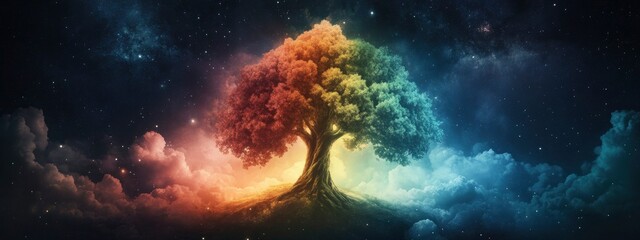 Fototapeta premium A breathtaking cosmic tree illuminated by vibrant colors, surrounded by ethereal clouds and starry galaxies in a mystical space.