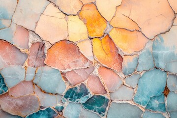 Abstract background of cracked, multicolored gemstone pieces in pastel shades of blue, pink, orange, and yellow.