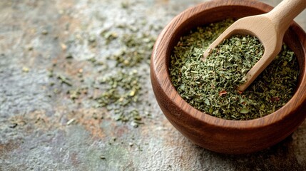 Dried Herbs in Wooden Bowl with Scoop