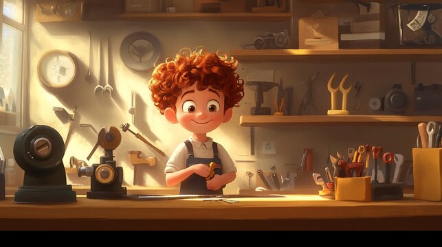 Happy boy in workshop, sunlight, tools, workbench, crafting.