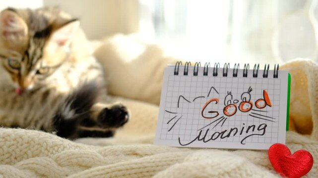 Text Good Morning on paper, notepad and red heart. Motivation. Pretty cute kitten relaxing on the window sill. Tabby cat. Funny pets. Atmospheric mood