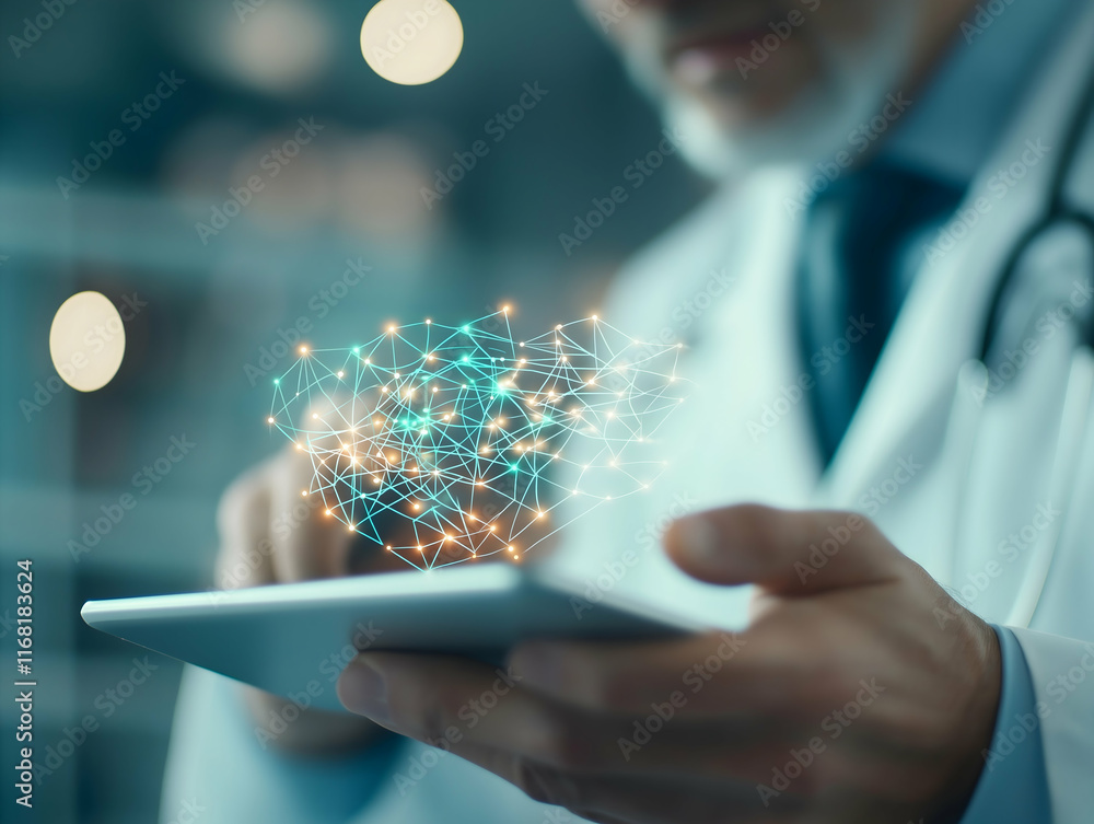Poster a healthcare professional interacts with a tablet, visualizing data represented as glowing particles