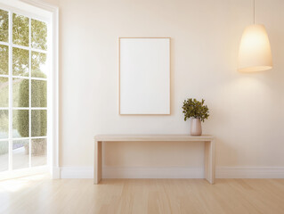 Fototapeta premium Minimalist interior design with natural light and blank canvas in a serene space