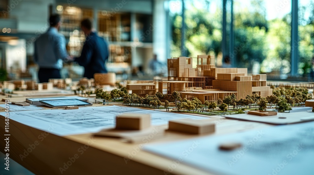 Poster architectural model displayed in modern workspace with discussion