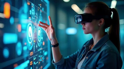Woman using VR headset in a tech-filled room, representing futuristic technology and innovation, ideal for tech advertisements.