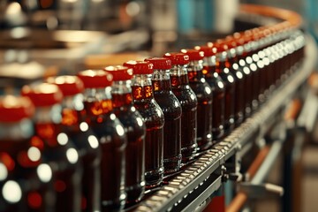 Fototapeta premium Bottles on Conveyor Belt in Beverage Production Line at Manufacturing Facility