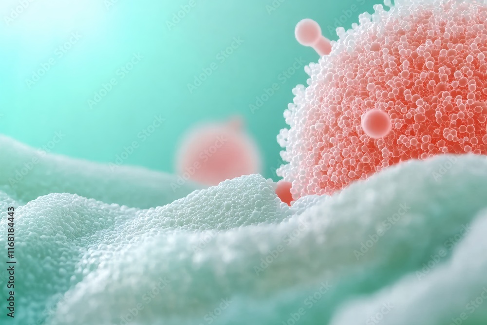 Poster close-up view of colorful microscopic cells interacting in a biological environment