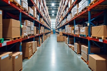 Spacious Warehouse with Organized Brown Cardboard Boxes on Blue Shelves, Ideal for Efficient Inventory Management and Storage Solutions.