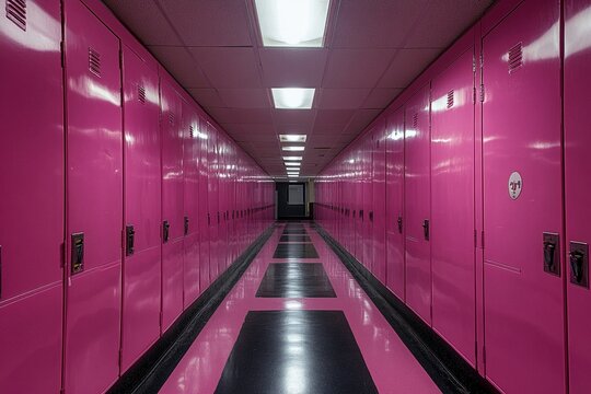 Pasillo de taquillas tosas con suelo y techo iluminado en un ambiente escolar moderno y vibrante