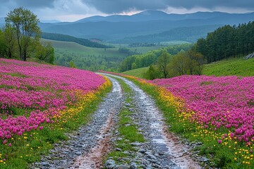 Spring road landscape in beautiful nature travel, spring colors in mountain road scenery