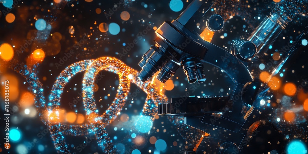 Poster dna helix under a microscope, glowing particles.