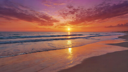 Panoramic view of the serene beach horizon. The vibrant colors of the sunset paint the sky in stunning oranges, pinks and purples. Create the perfect scene for a postcard.