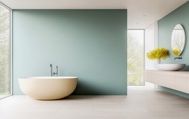 Fototapeta premium Modern bathroom with a freestanding tub and natural light in a serene setting