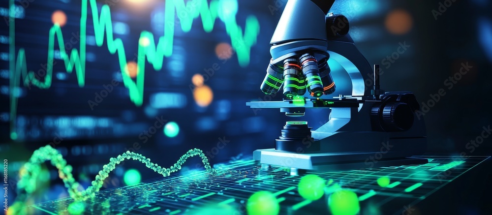 Poster microscope on glowing graph background.