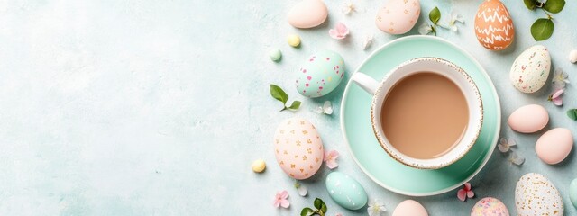 A serene coffee moment surrounded by beautifully decorated Easter eggs and spring flowers on a pastel backdrop