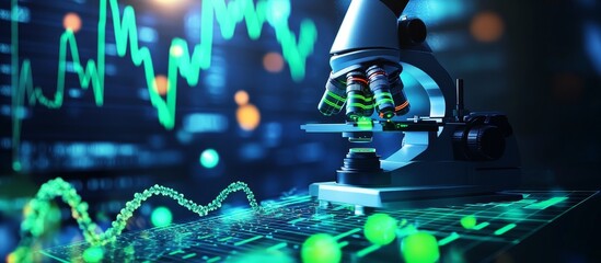 Microscope on glowing graph background.