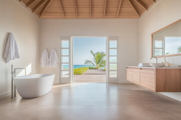 Fototapeta premium Spacious bathroom with ocean view and natural light enhances relaxation experience