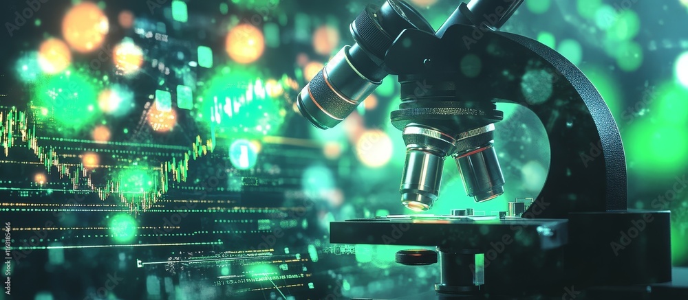 Poster microscope with financial chart background.