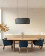 Modern dining area with stylish furniture and trendy lighting in bright atmosphere
