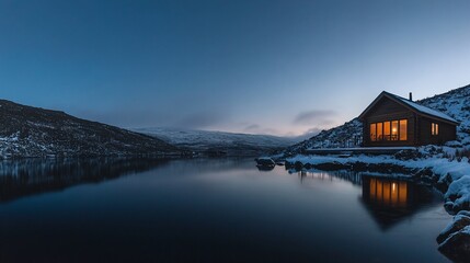 Fototapeta premium Lakeside cabin at twilight, snow-covered landscape, tranquil winter scene.
