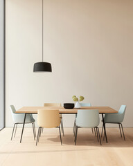 Minimalist dining area with modern chairs and pendant light in bright space