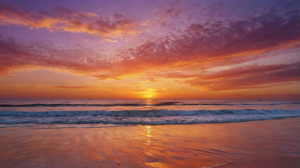 Obraz premium Panoramic view of the serene beach horizon. The vibrant colors of the sunset paint the sky in stunning oranges, pinks and purples. Create the perfect scene for a postcard.