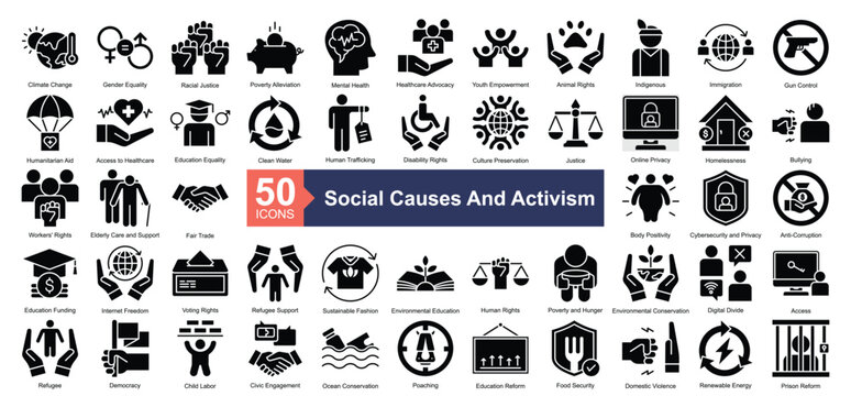 Social Causes and Activism Icon Collection Set.Containing cclimate change, gender equality, racial justice, poverty alleviation, mental health icon. Simple glyph style Vector Illustration.