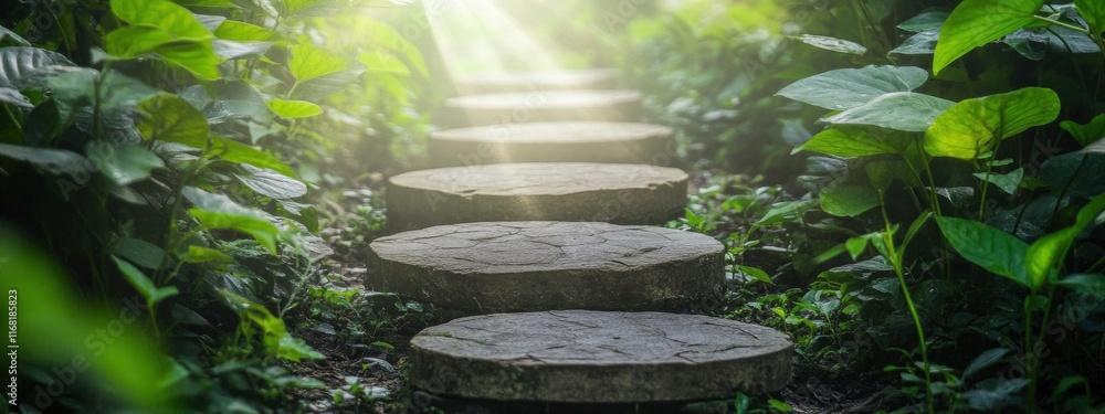 Poster stones leading through a lush green pathway in a serene forest setting with sunlight filtering throu