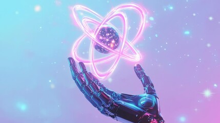 A robotic hand is holding a spiral atom with glow in technological concept. - Powered by Adobe