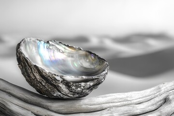 Iridescent abalone shell rests on weathered driftwood against a blurred beach background.