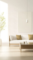 Modern living room with natural light and minimalist design featuring neutral colors