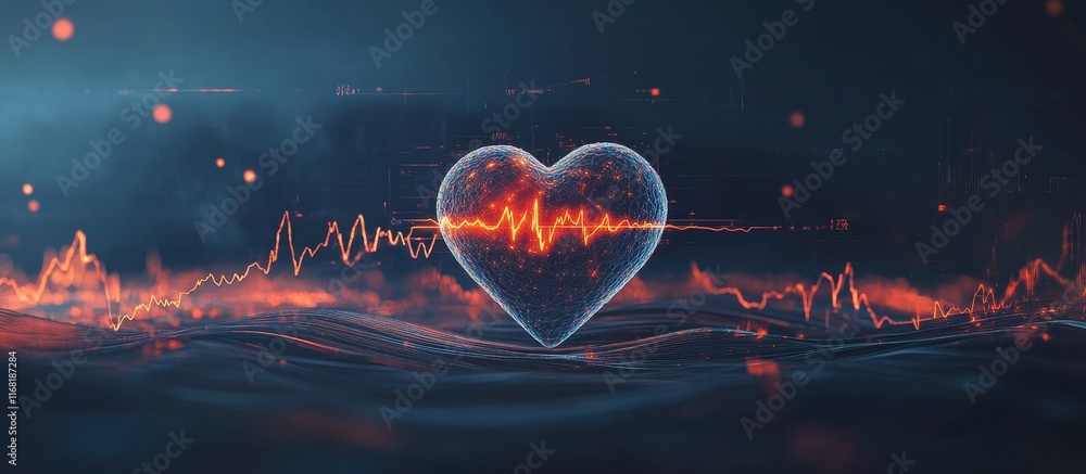 Poster glowing heart with ecg line.